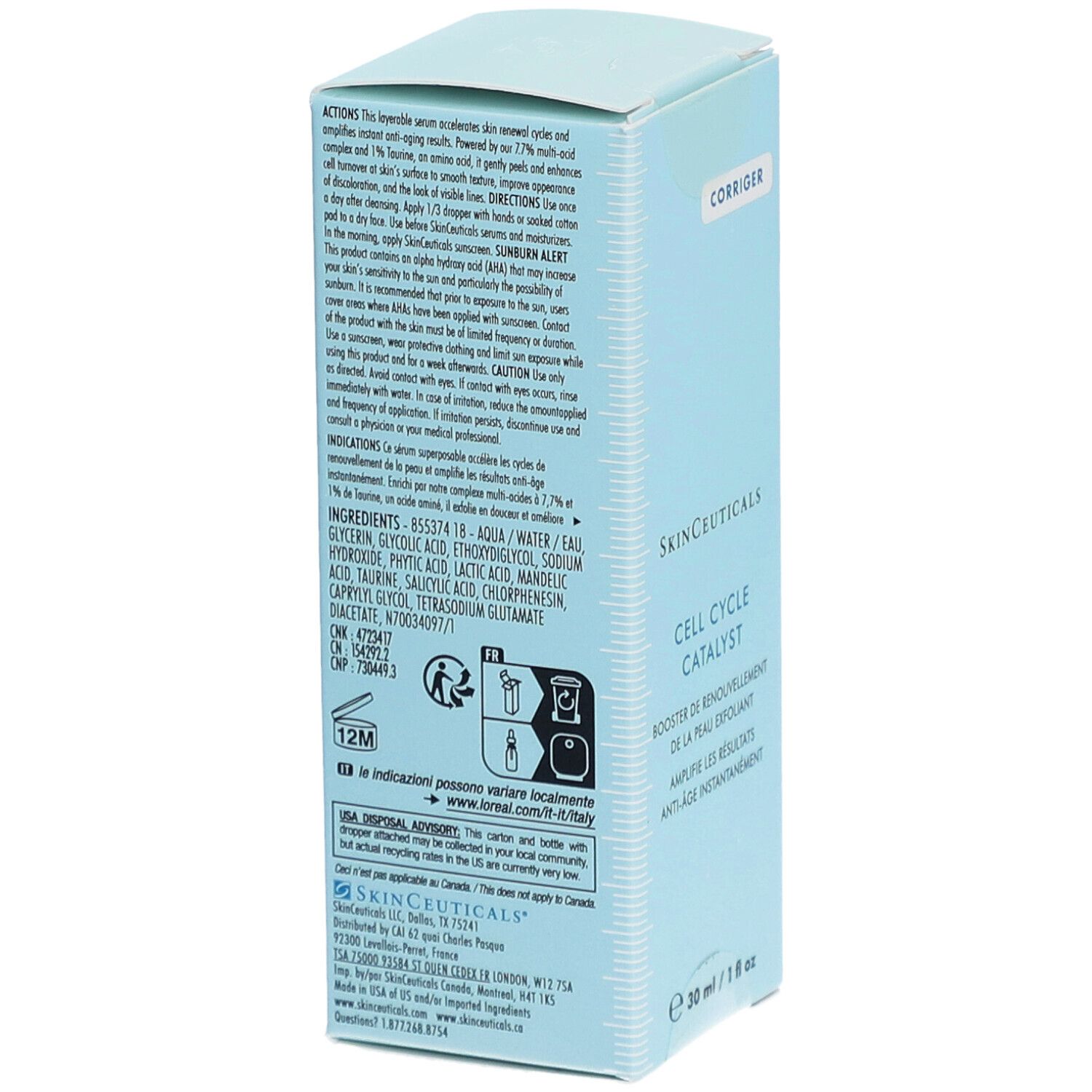 Boîte bleu clair SkinCeuticals. Texte: Cell Cycle Catalyst, Booster de renouvellement de la peau exfoliant. Dos avec texte d'information.