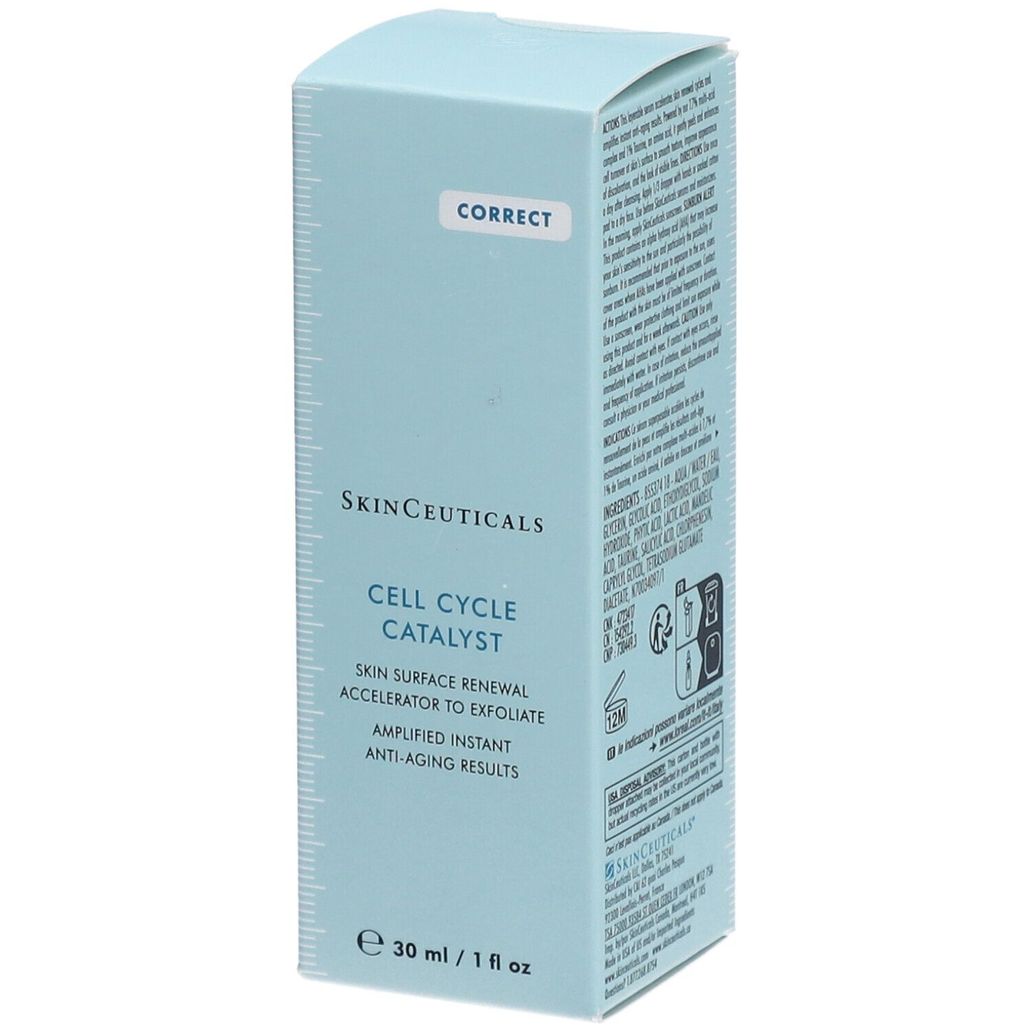Boîte bleu clair SkinCeuticals. Texte: Cell Cycle Catalyst, Skin Surface Renewal Accelerator to Exfoliate. Contenance 30 ml / 1 fl oz.
