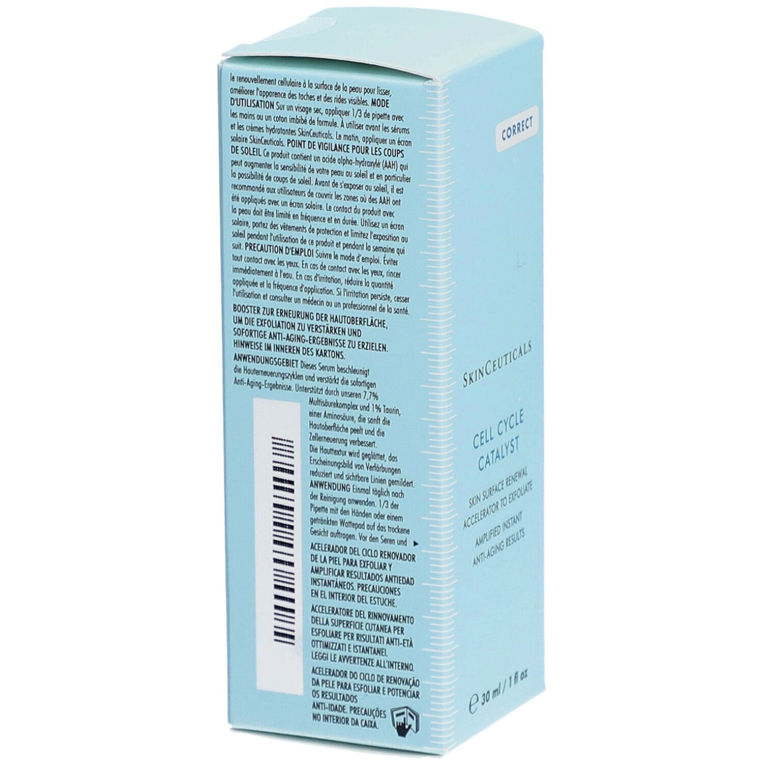 Boîte bleu clair SkinCeuticals. Texte: Cell Cycle Catalyst, Skin Surface Renewal Accelerator to Exfoliate. Dos avec texte d'information.