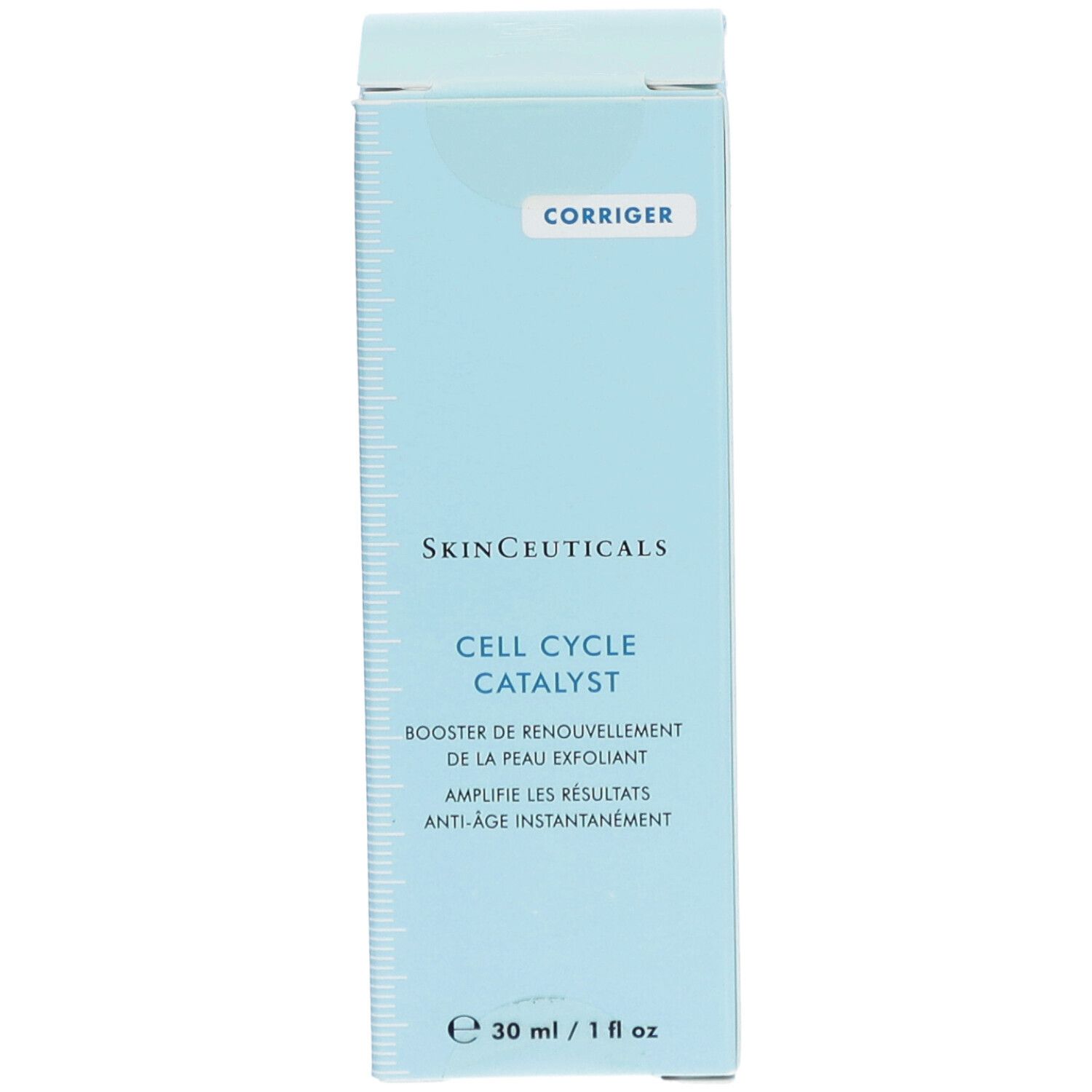 Boîte bleu clair SkinCeuticals. Texte: Cell Cycle Catalyst, Booster de renouvellement de la peau exfoliant. Contenance 30 ml / 1 fl oz.