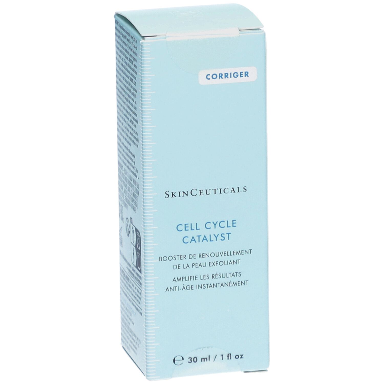 Boîte bleu clair SkinCeuticals. Texte: Cell Cycle Catalyst, Booster de renouvellement de la peau exfoliant. Contenance 30 ml / 1 fl oz.