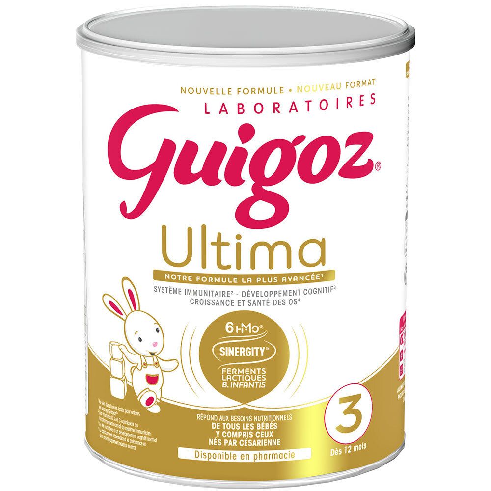 Boîte de lait de croissance Guigoz Ultima 3. Logo rose et lapin. Pour enfants dès 12 mois.