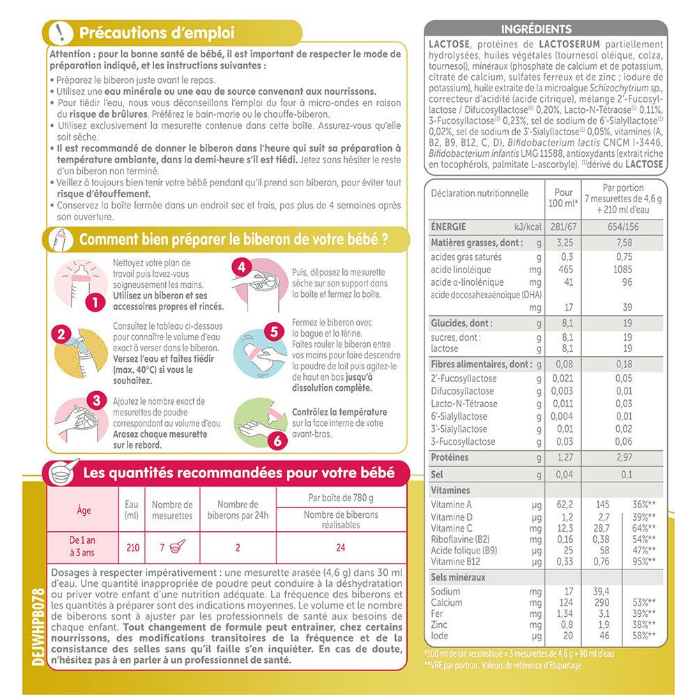 Dos de la boîte Guigoz Ultima 3. Instructions d'utilisation, tableau nutritionnel et ingrédients.