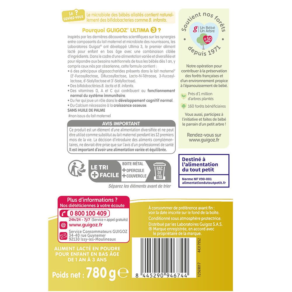 Dos de la boîte Guigoz Ultima 3. Informations sur la composition et le recyclage.