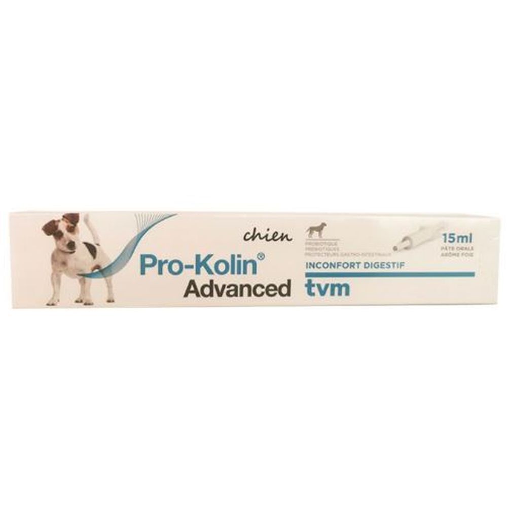 Boîte de Pro-Kolin Advanced Chien. Blanche, avec nom du produit, chien et indication 15ml. Texte: Inconfort digestif.
