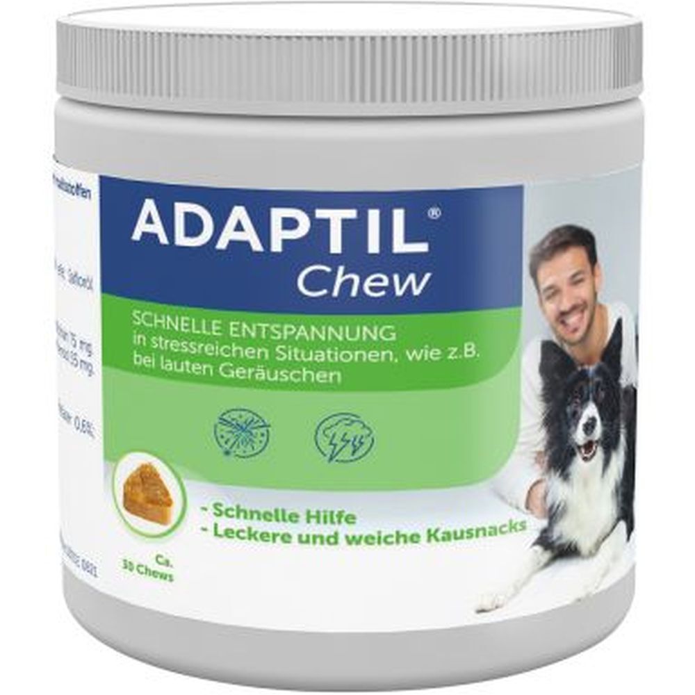 Adaptil Chew pot. Opschrift: Snelle ontspanning. Man met hond.