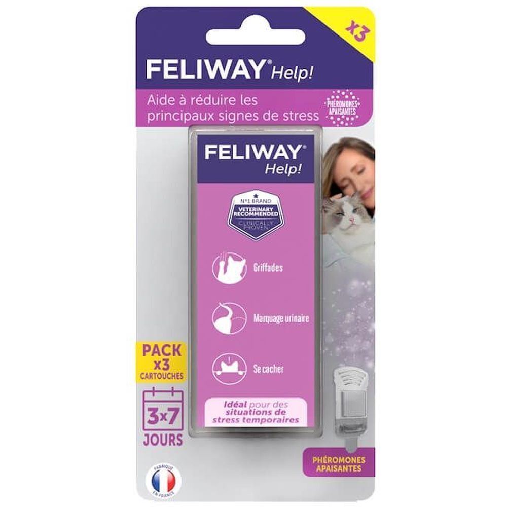 Paquet de 3 recharges FELIWAY Help!. Logo et texte. Recommandé par les vétérinaires. Illustrations de chats et de symptômes.
