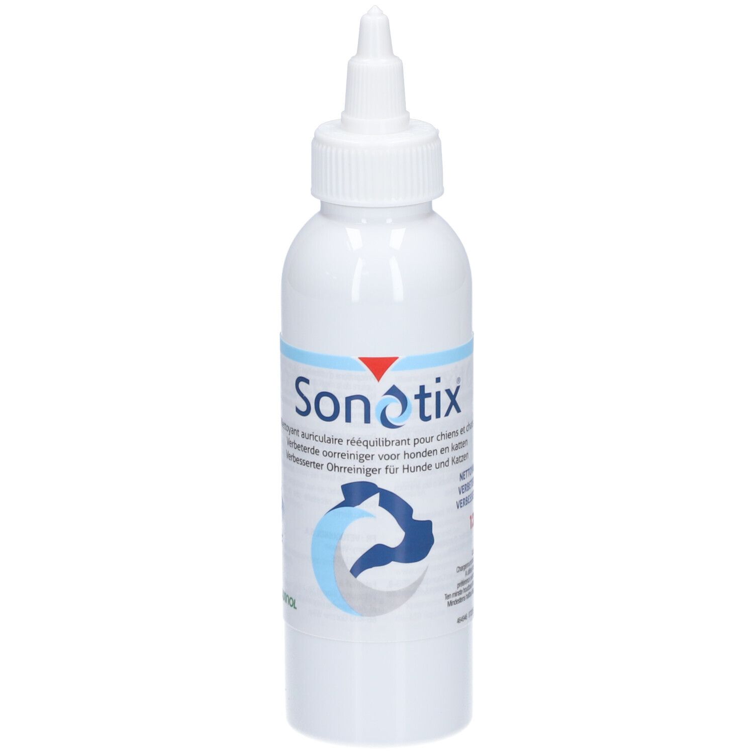 Flacon blanc Sonotix. Triangle rouge. Embout applicateur. Pour chiens.