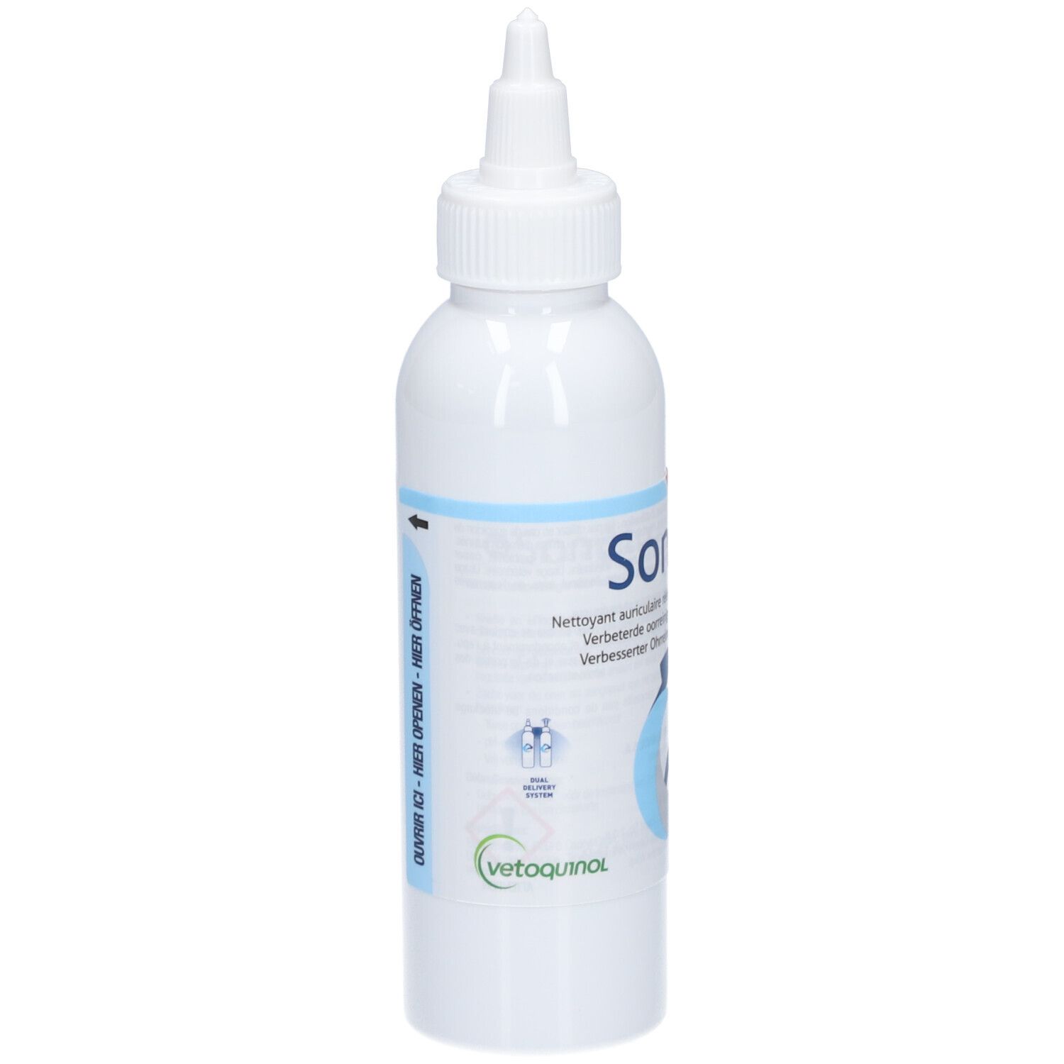 Flacon blanc Sonotix. Accents bleus. Pointe. Texte: 'Ouvert ici - Hier öffnen'.