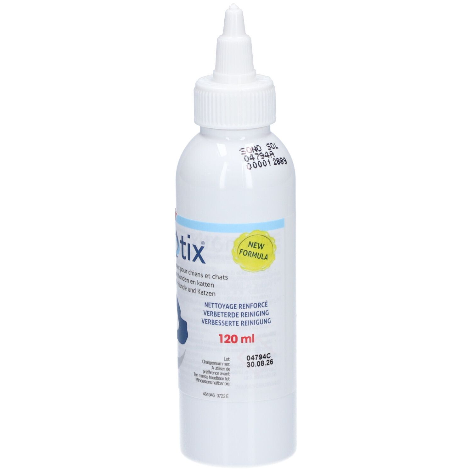 Flacon blanc Sonotix. Autocollant jaune 'NEW FORMULA'. 120 ml. Pour chiens et chats.