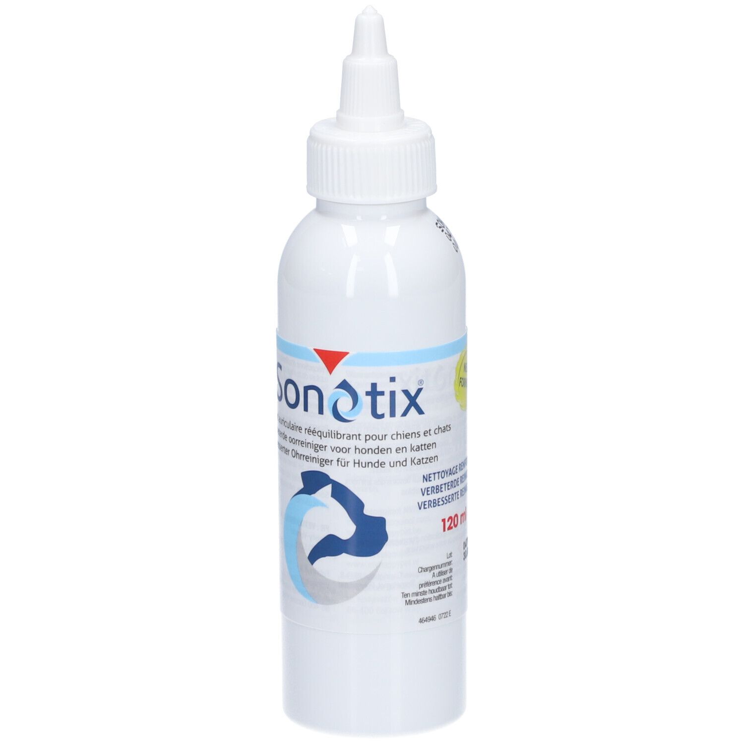 Flacon blanc Sonotix. Autocollant jaune. 120 ml. Pour chiens et chats. Pointe.