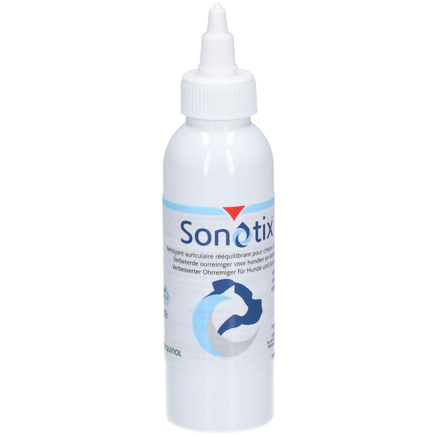 Flacon blanc Sonotix. Pointe. Pour chiens et chats. Logo bleu. Accent rouge.