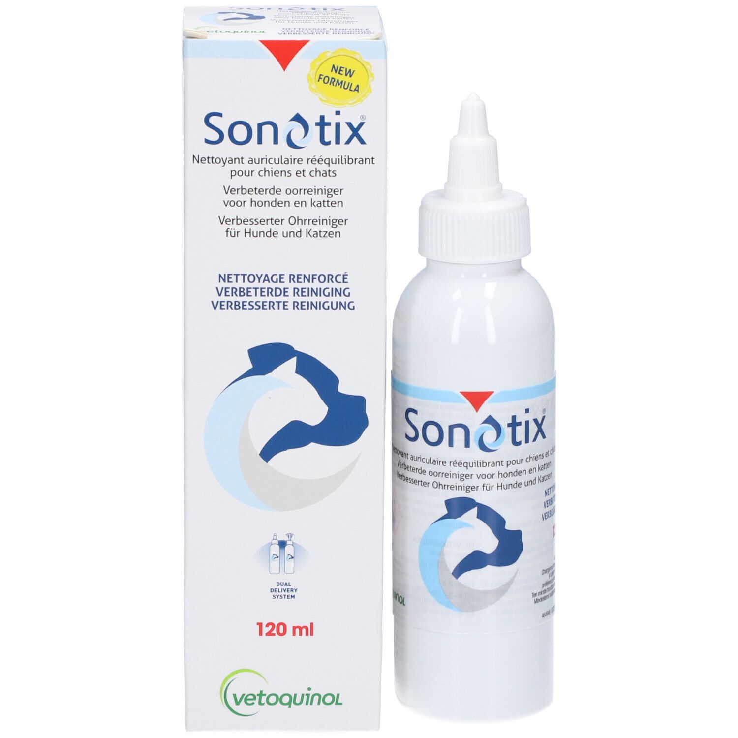 Flacon et emballage Sonotix. 120 ml. Pour chiens et chats. Logo bleu. Autocollant jaune.