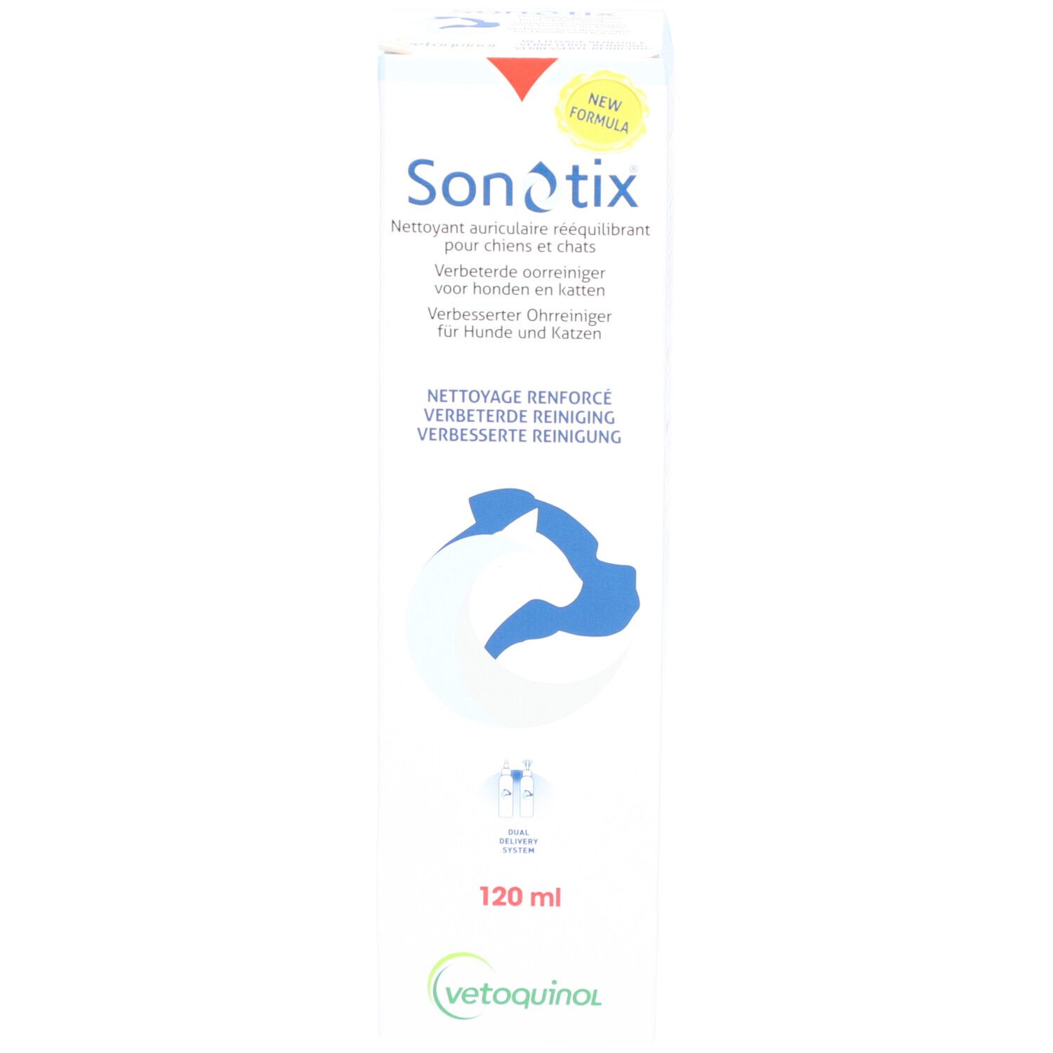 Emballage Sonotix. 120 ml. Pour chiens et chats. Logo bleu. Autocollant jaune.