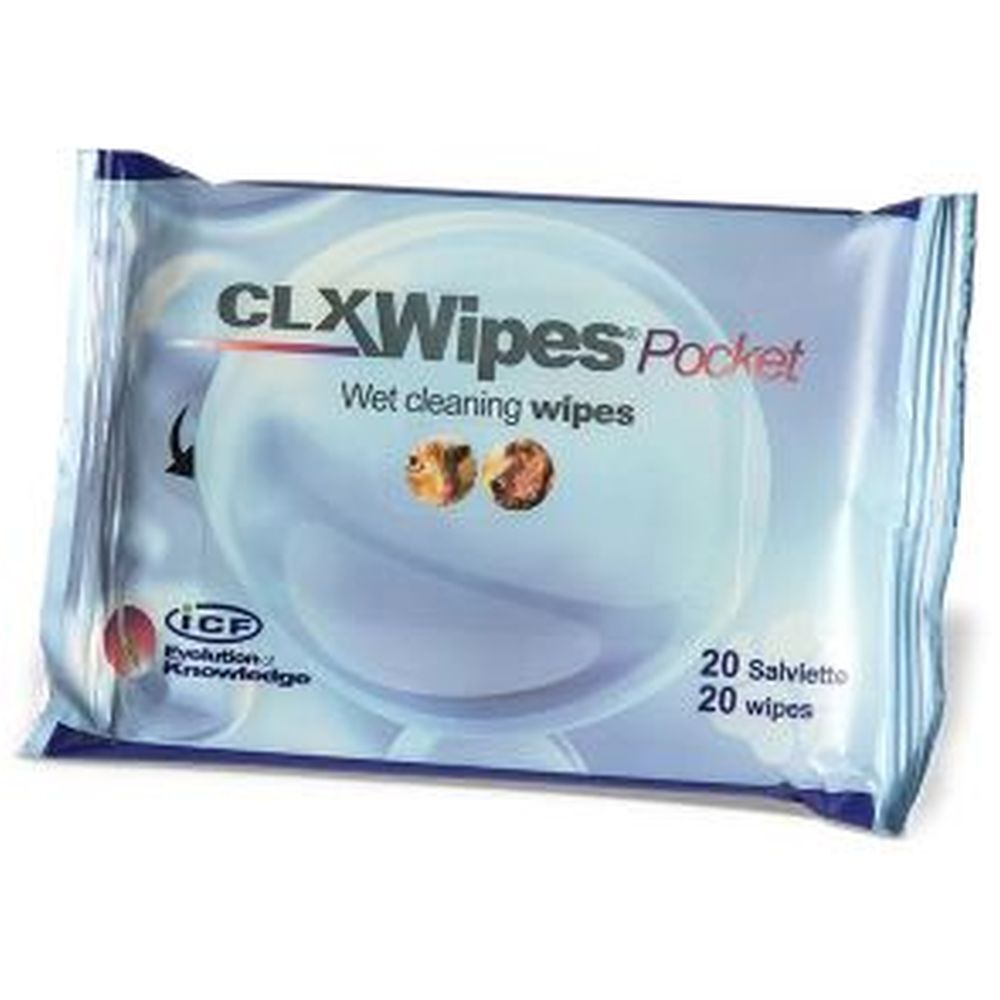 Paquet de lingettes CLX Wipes Pocket. Contient 20 lingettes humides. Logo ICF Evolution of Knowledge.