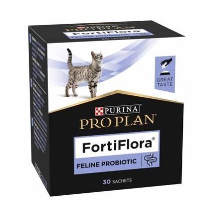 Schachtel mit PURINA® PRO PLAN® FortiFlora® probiotique chat. Schwarze Verpackung mit Katze und Produktnamen.