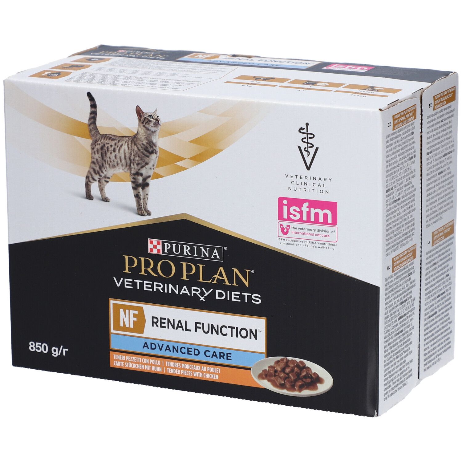 Emballage Purina Pro Plan Veterinary Diets NF Renal Function. Contient 850 g. Avec chat et informations produit.