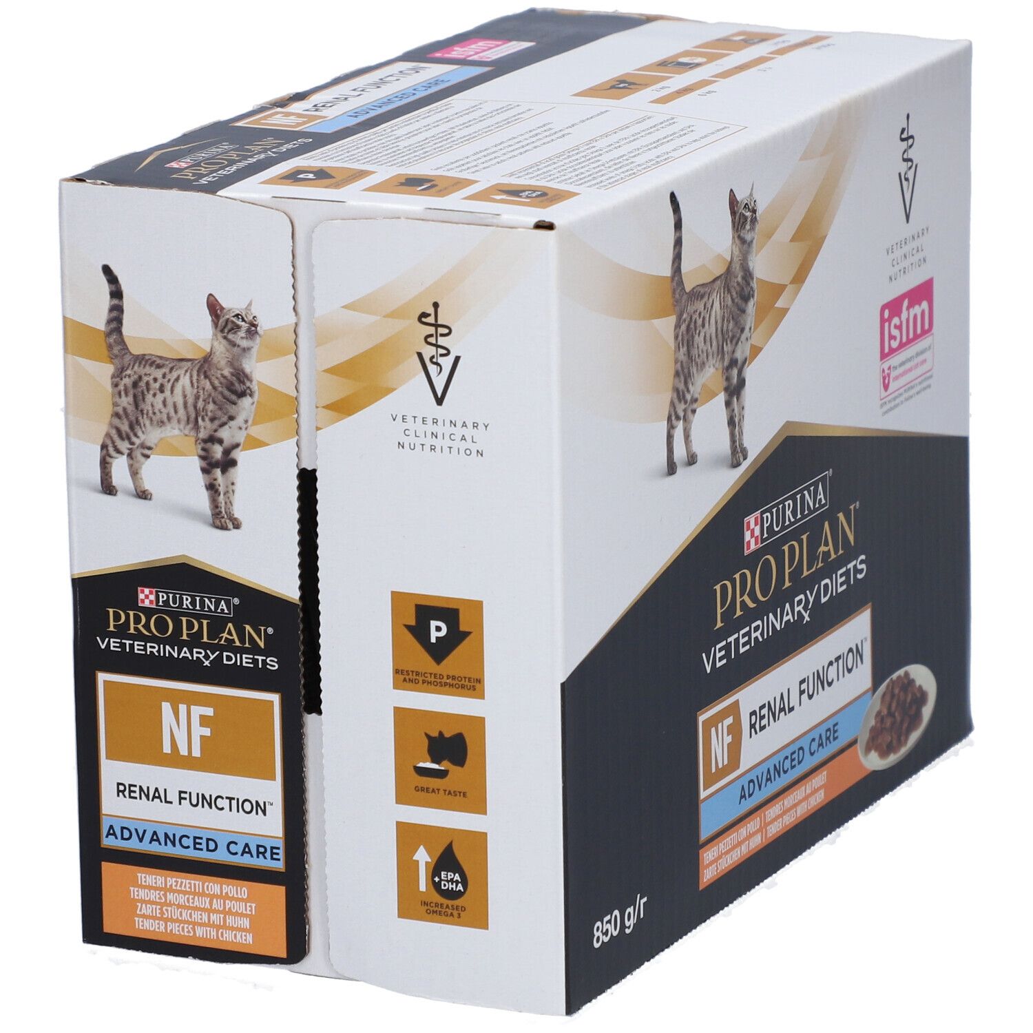 Emballage Purina Pro Plan Veterinary Diets NF Renal Function. Chat, logo et informations produit. 850 g.