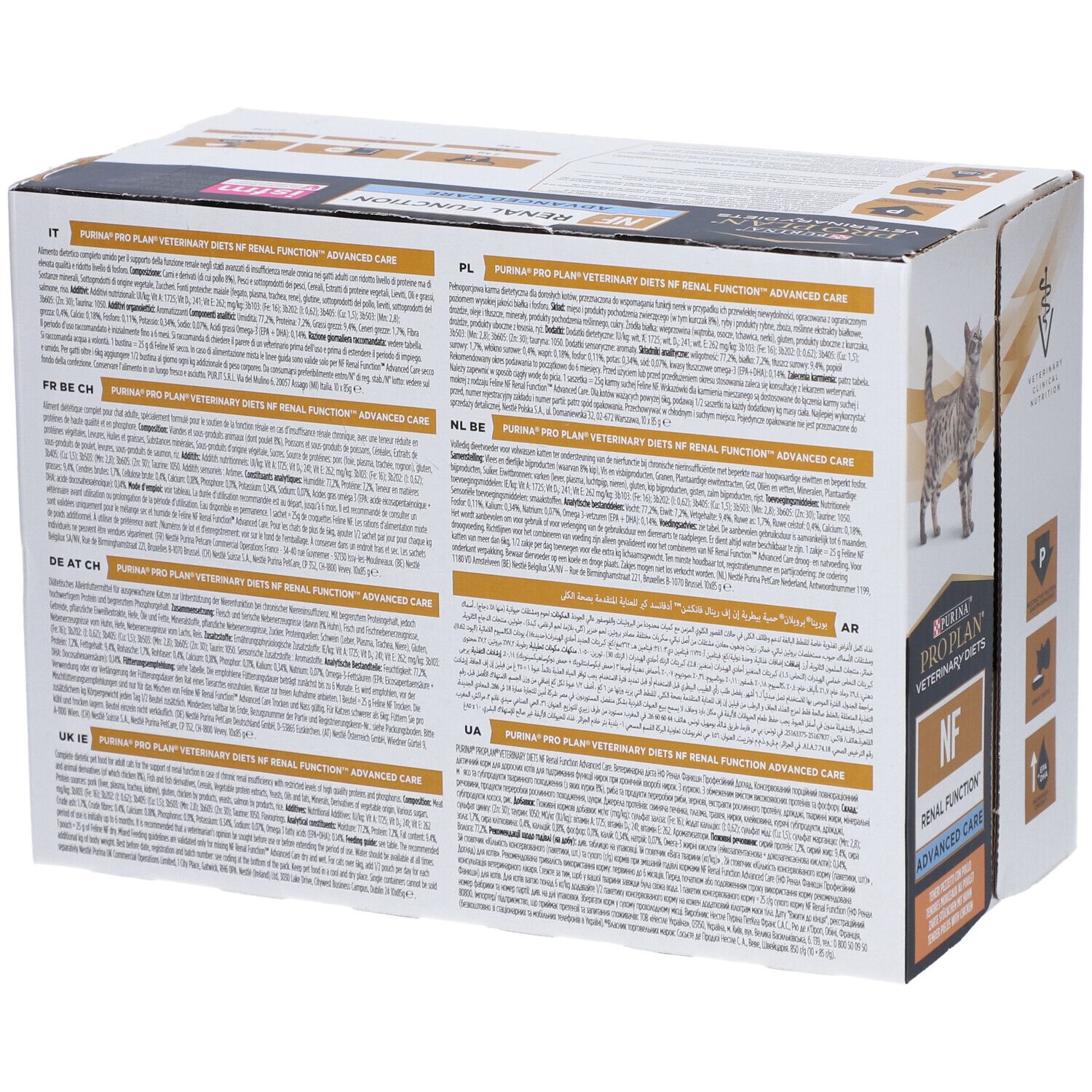 Dos de l'emballage Purina Pro Plan Veterinary Diets NF Renal Function. Texte multilingue, informations produit.