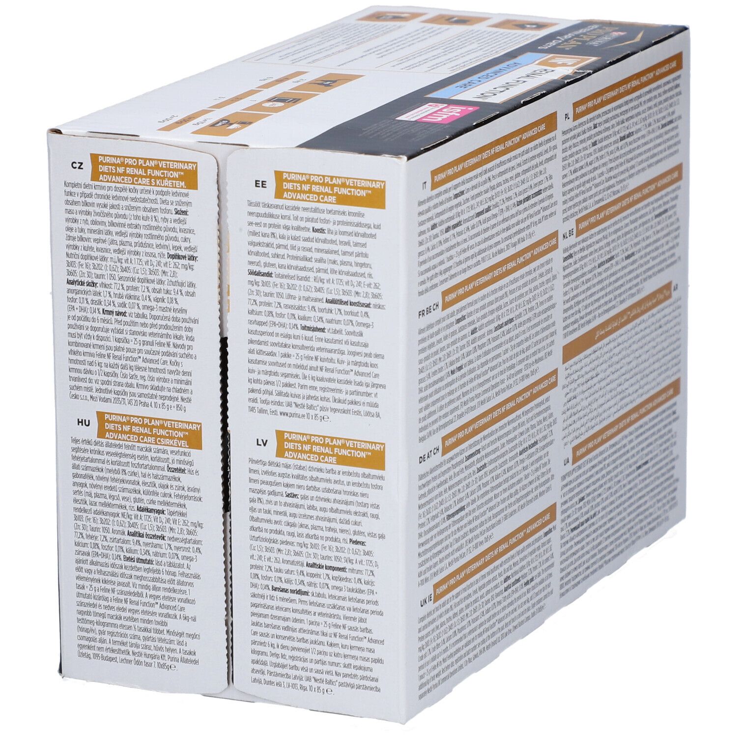 Dos de l'emballage Purina Pro Plan Veterinary Diets NF Renal Function. Texte multilingue, informations produit.
