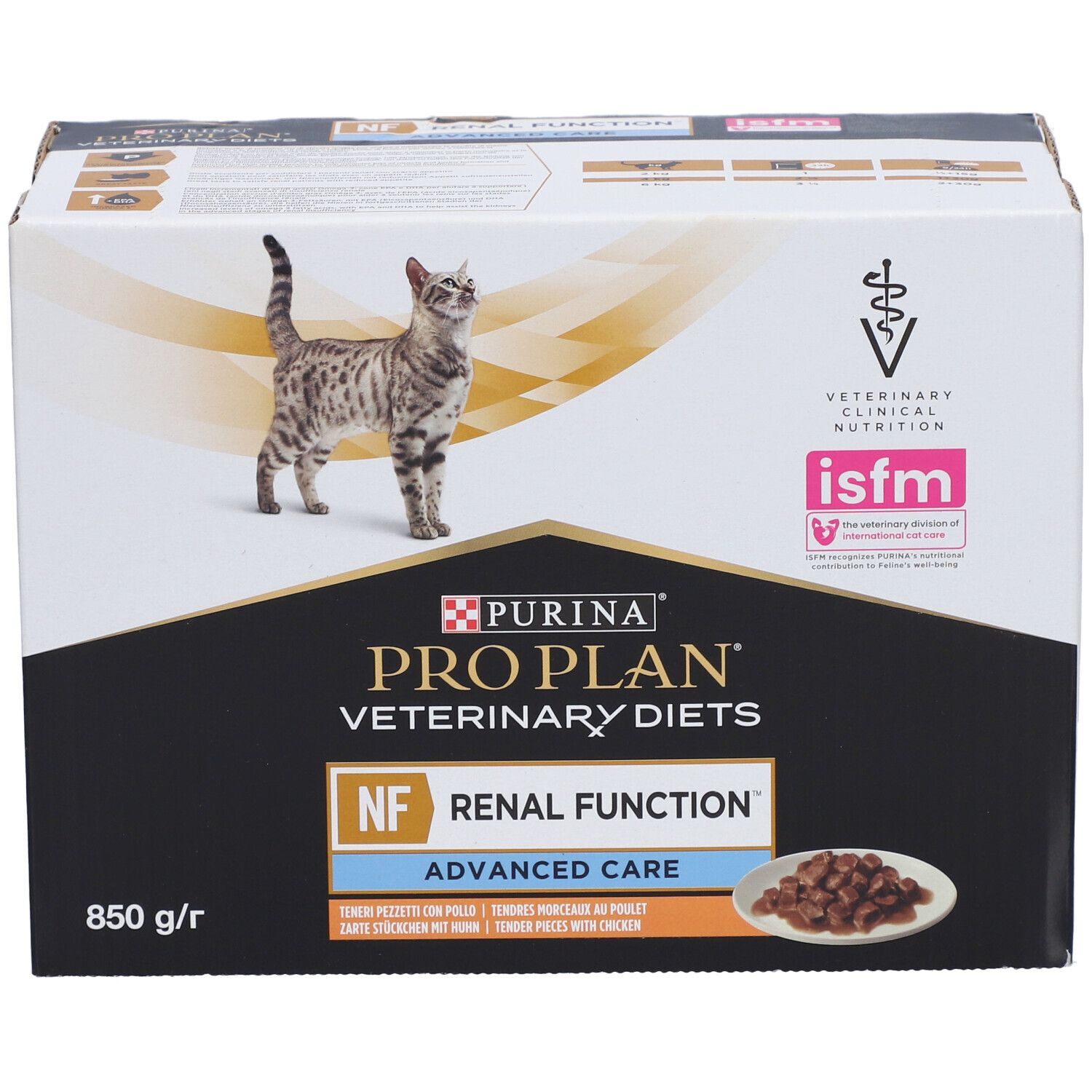 Emballage Purina Pro Plan Veterinary Diets NF Renal Function. Chat, logo et informations produit. 850 g.