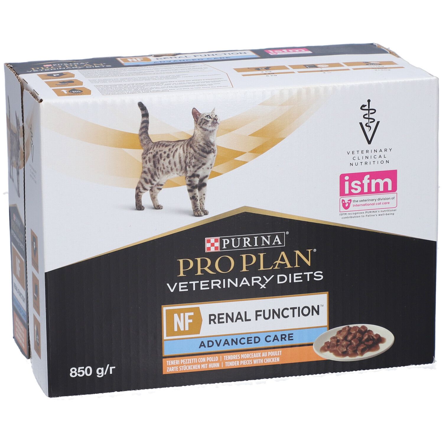 Emballage Purina Pro Plan Veterinary Diets NF Renal Function. Chat, logo et informations produit. 850 g.