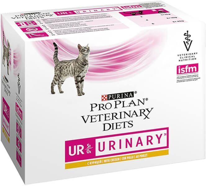 Boîte de nourriture pour chats. Logo Purina Pro Plan Veterinary Diets. Image d'un chat. UR Urinary.