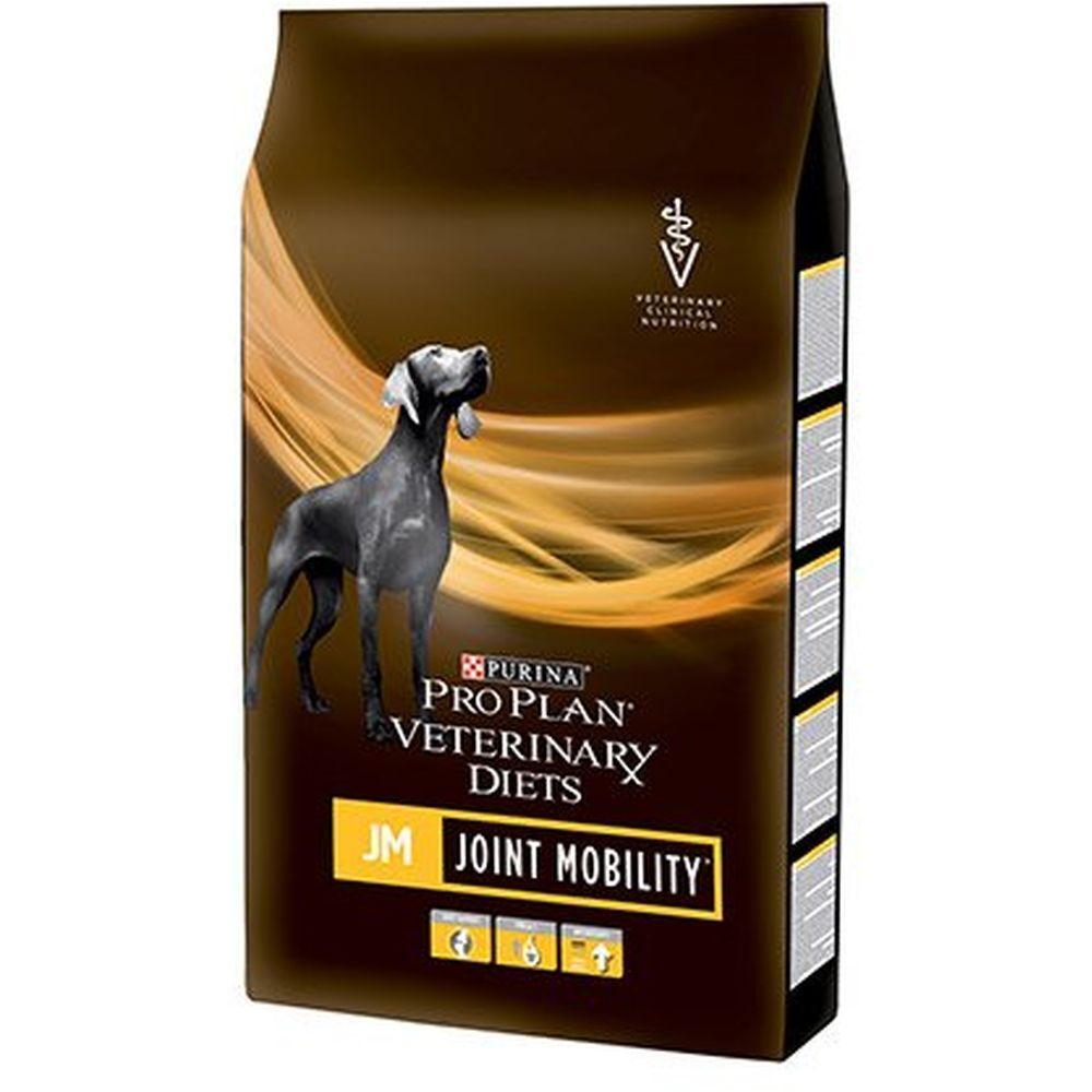 PRO PLAN® Chien JM Joint Mobility. Emballage marron avec chien. Texte: PURINA PRO PLAN VETERINARY DIETS, JM Joint Mobility.