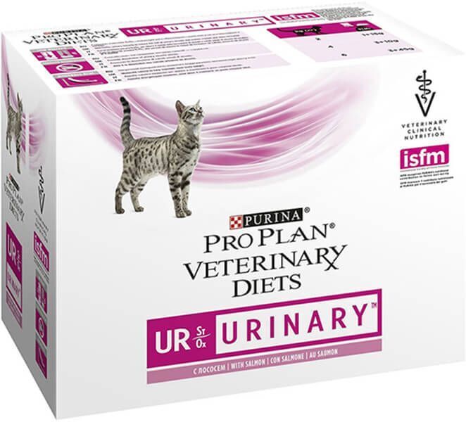 Emballage de nourriture pour chats. PURINA® PRO PLAN® VETERINARY DIETS UR Urinary. Chat, logo et certification ISFM.