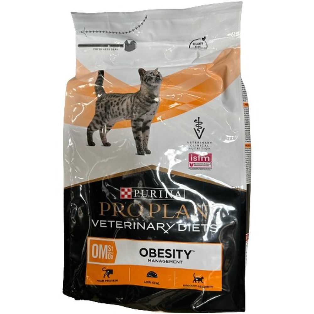 PURINA® Pro Plan Veterinary Diets OM St/Ox Obesity™. Sac avec illustration de chat. Logo, texte : Veterinary Diets, Obesity Management.