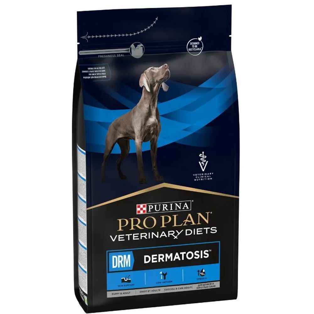 Sac de nourriture pour chiens PRO PLAN® VETERINARY DIETS DRM Dermatosis. Image d'un chien. Emballage bleu et doré avec nom et logo du produit.
