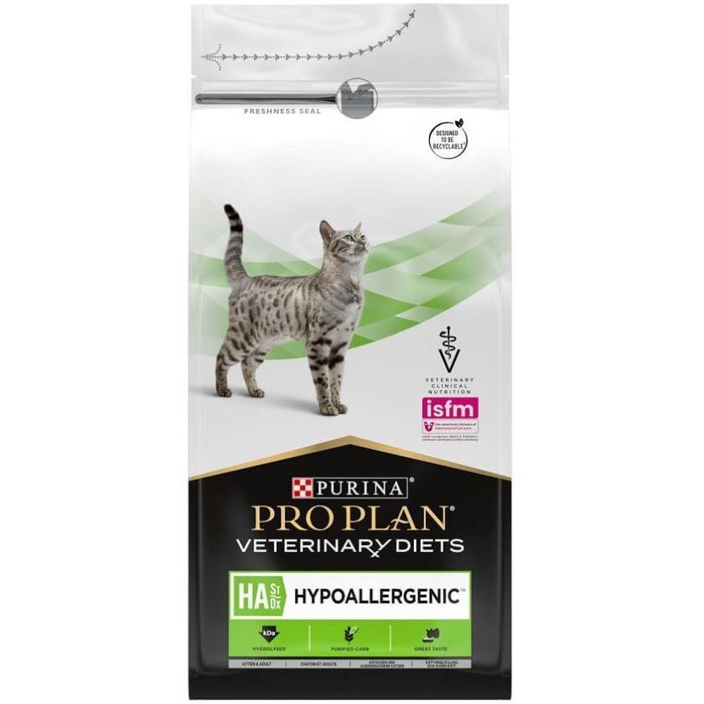 Sac de nourriture pour chats PRO PLAN® VETERINARY DIETS HA Hypoallergenic. Image d'un chat. Emballage avec fermeture.