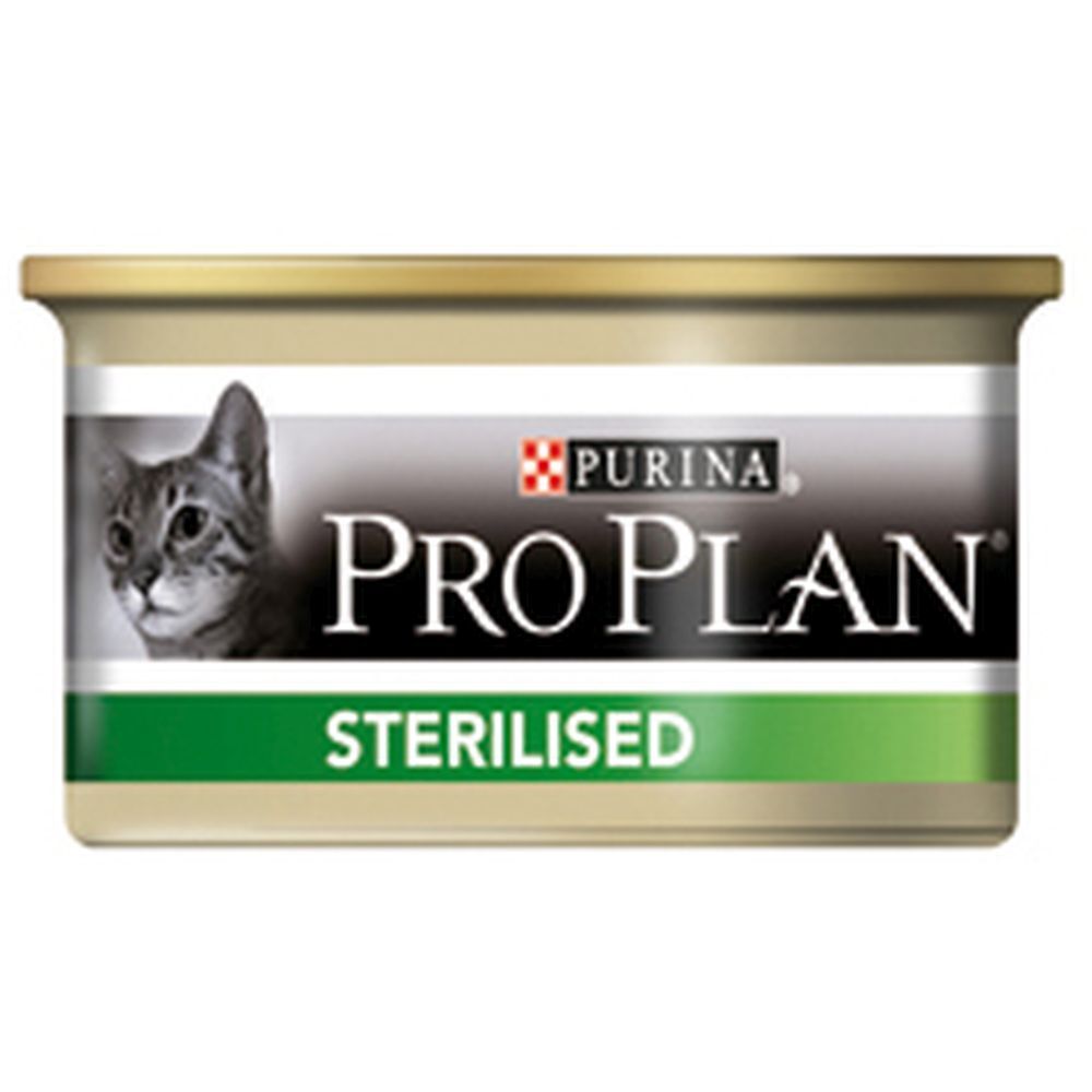 Boîte de nourriture pour chats PRO PLAN® STERILISED. Avec chat, logo et texte. Étiquette verte et blanche.
