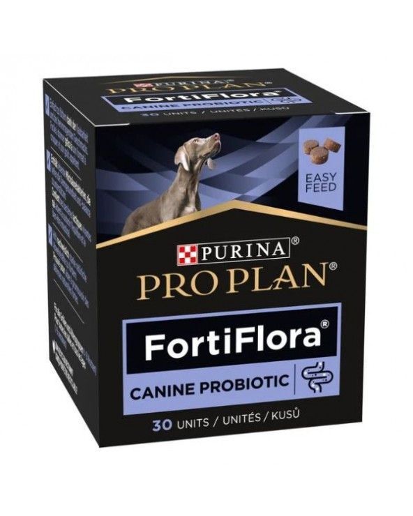 Boîte PRO PLAN FortiFlora Canine Probiotic. Contient 30 unités. Image d'un chien et de morceaux de nourriture.