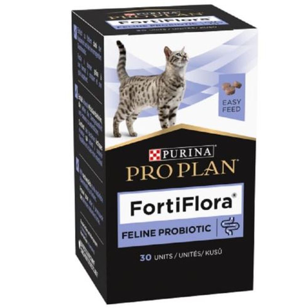 Schwarze Schachtel mit Purina Pro Plan FortiFlora Feline Probiotic. Abgebildet ist eine Katze und das Produkt.