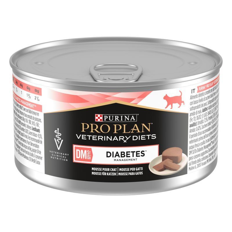 PROPLAN® VETERINARY DIETS blik. Opschrift: Diabetes Management. Stukjes voer op een bord.