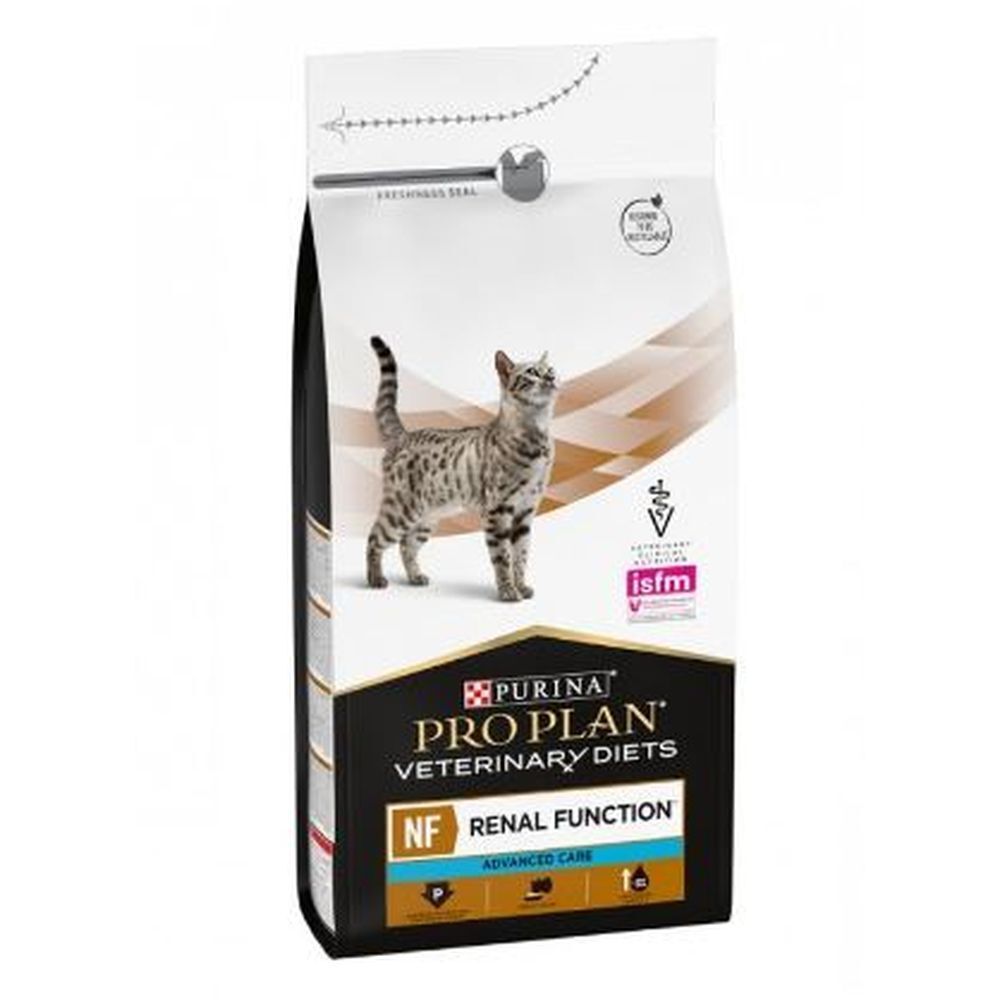 PRO PLAN® Feline NF Renal Function. Sac avec chat et informations produit. Aliment diététique vétérinaire pour chats souffrant d'insuffisance rénale. Certification ISFM.