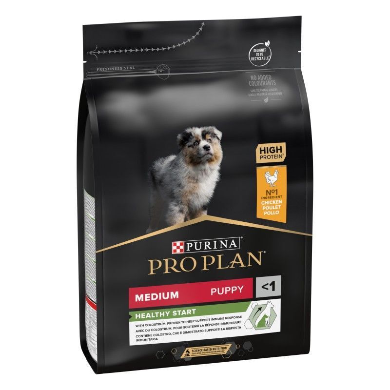 Emballage noir avec photo de chiot. Contient 'PRO PLAN' et 'Medium Puppy'. 'Poulet' et 'High Protein' sont également indiqués.