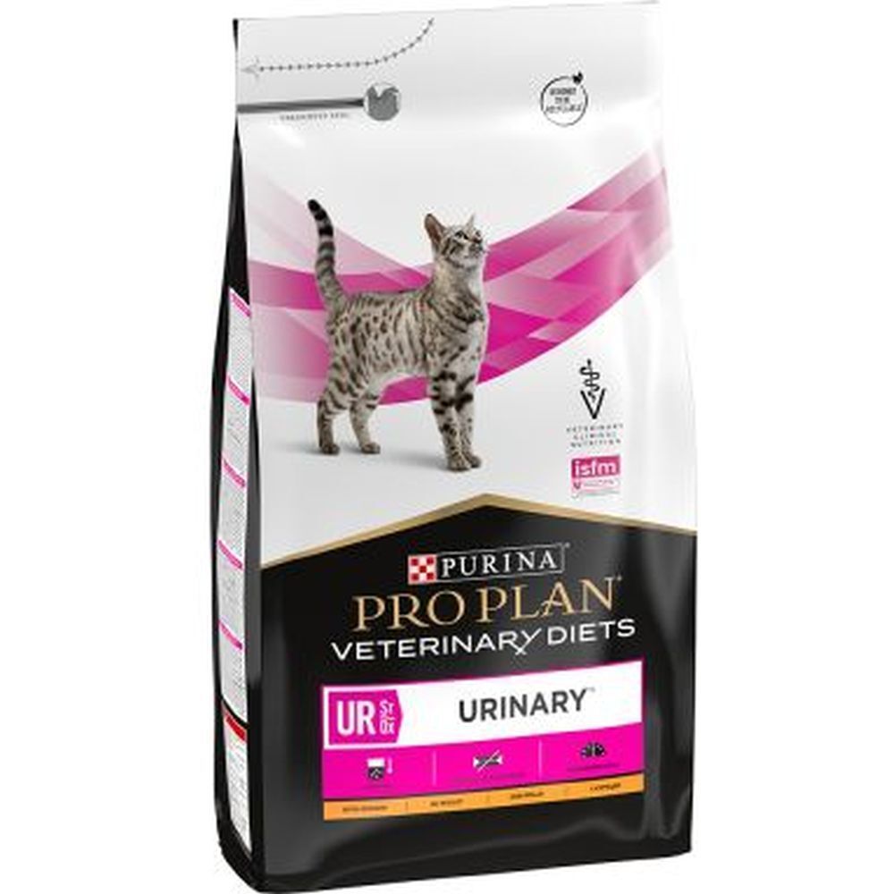Sac PRO PLAN® Feline UR St/Ox. Chat et logo. Design rose et noir. Texte: Urinary, Veterinary Diets.