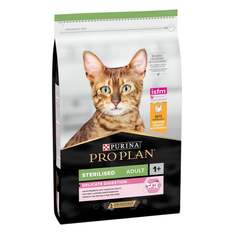 PRO PLAN® DELICATE DIGESTION Sterilised Adult Chat. Sac avec photo de chat. Texte: « Riche en Poulet » et informations produit.