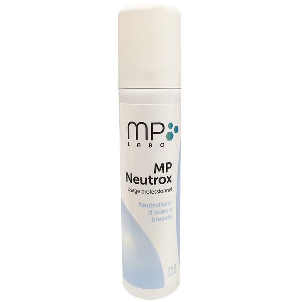 Spray blanc avec texte MP Labo Neutrox. Usage professionnel. Graphisme bleu et blanc.