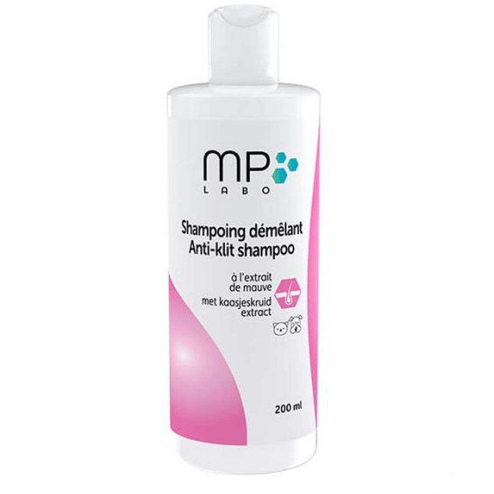 Flacon blanc avec détails roses. Inscription: MP Labo, Shampoing démêlant Anti-klit shampoo. Avec extrait de mauve.