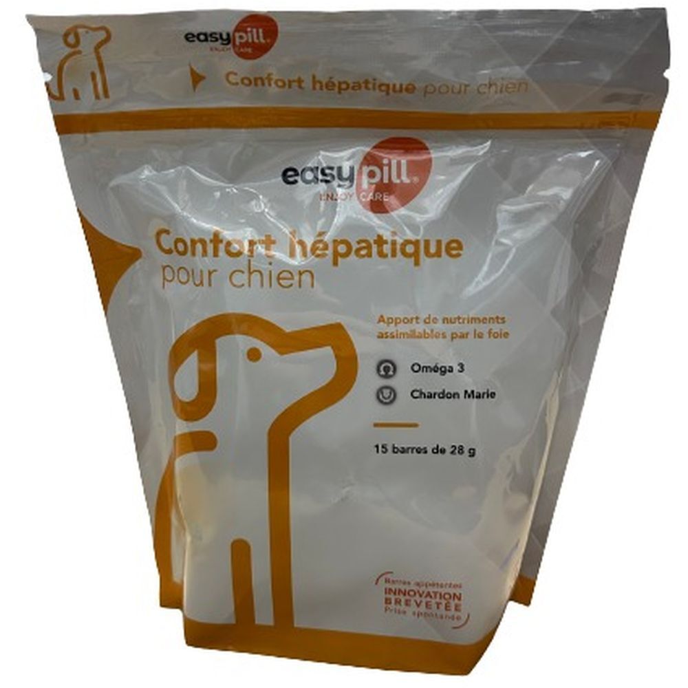 Sachet blanc avec texte: Confort hépatique pour chien, Oméga 3, Chardon Marie. Contient 15 barres.