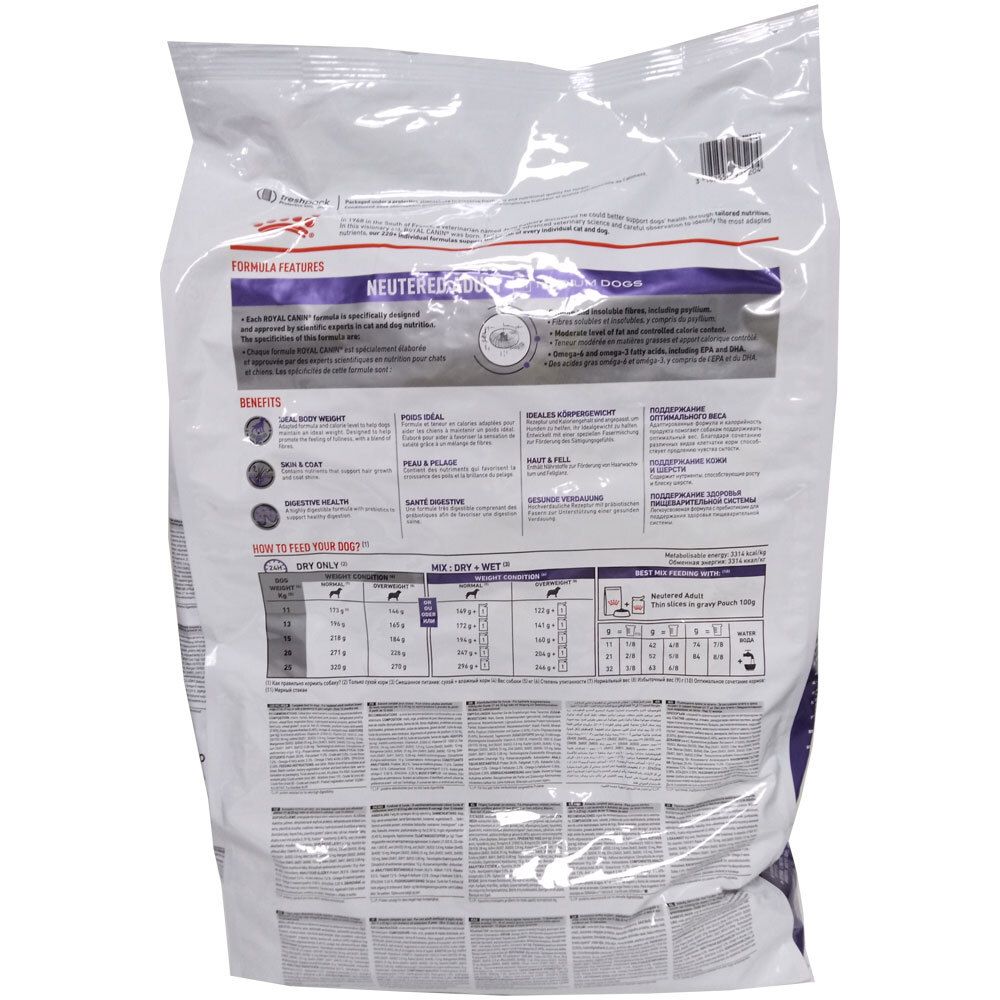 Dos du sac ROYAL CANIN® Neutered Adult Medium Dogs. Texte, graphiques et logos.