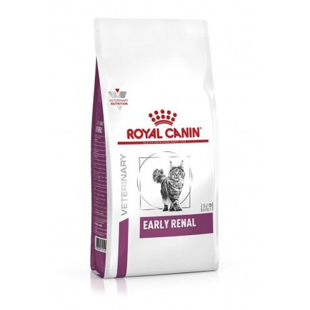 Sac blanc "Royal Canin Early Renal". Logo vétérinaire. Image d'un chat. Texte violet et rouge.