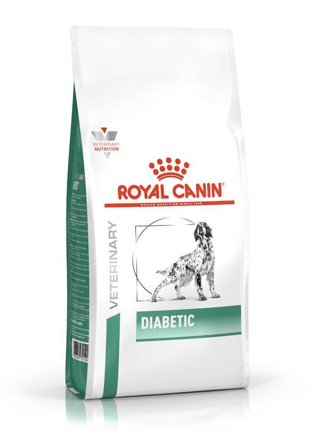 Sac Royal Canin Diabetic Chien. Blanc avec logo et nom du produit. Image d'un chien. Accents verts.