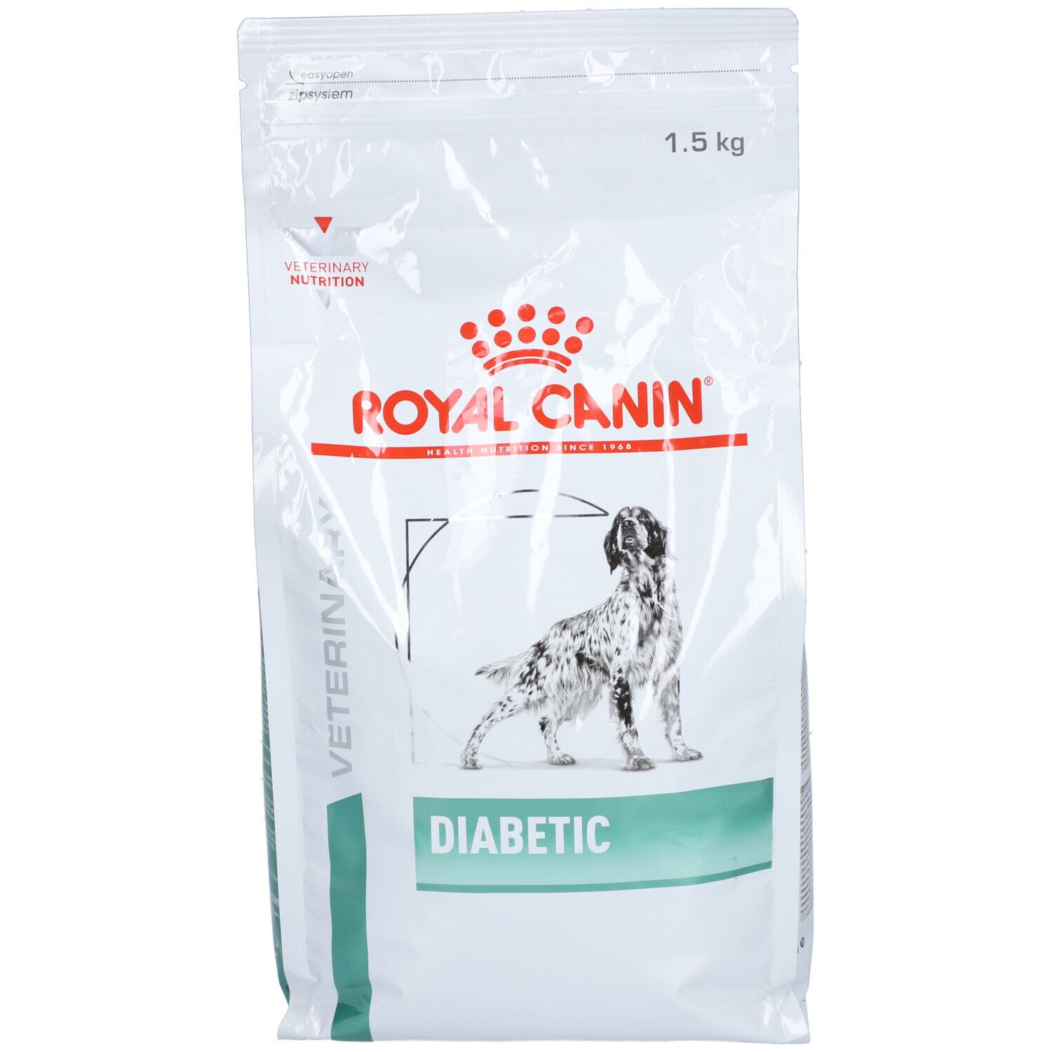 Royal Canin Diabetic Chien. Beutel mit Logo und Produktbezeichnung. Abbildung eines Hundes. 1,5 kg.