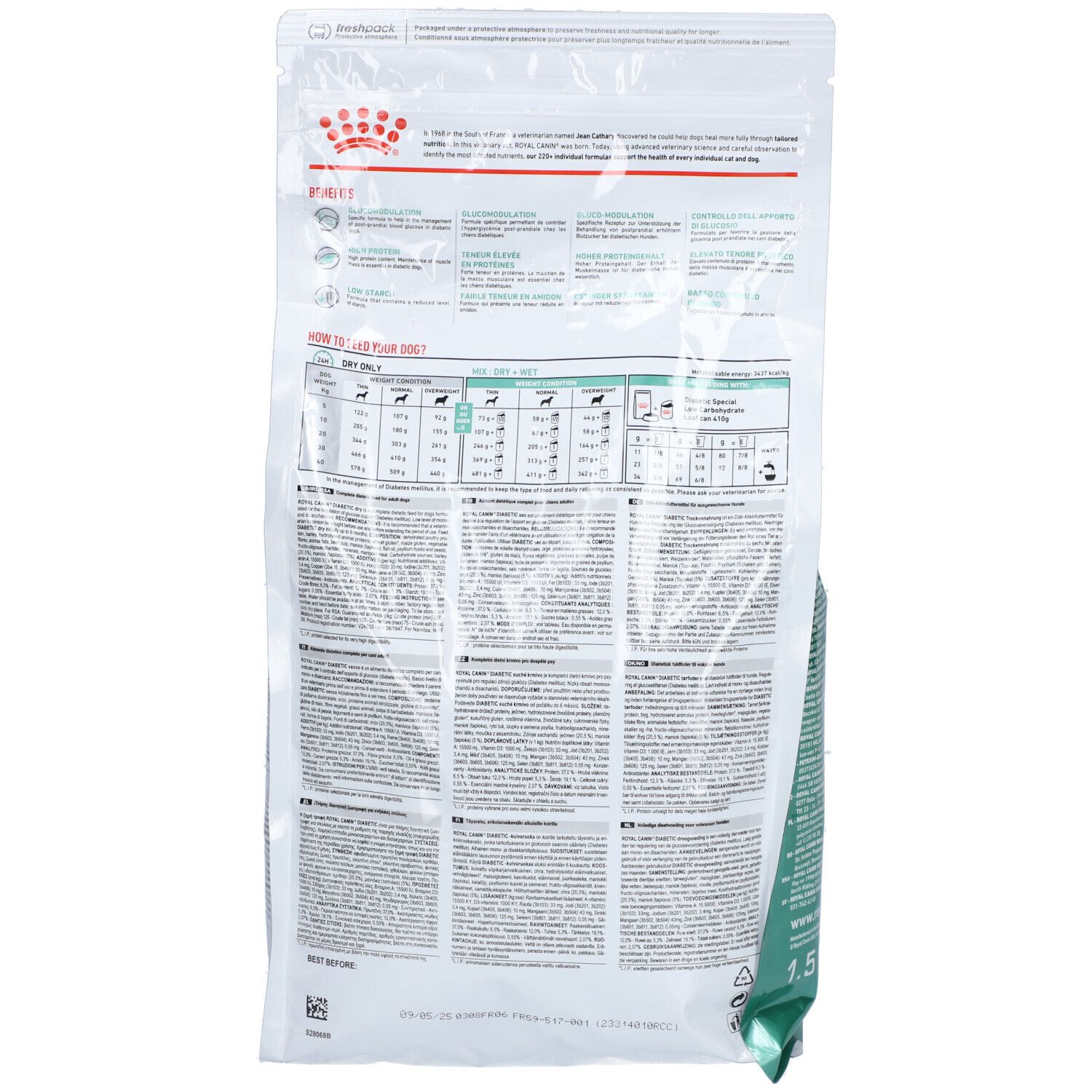 Rückseite des Royal Canin Diabetic Chien Beutels. Text und Diagramme. Grüne Akzente.