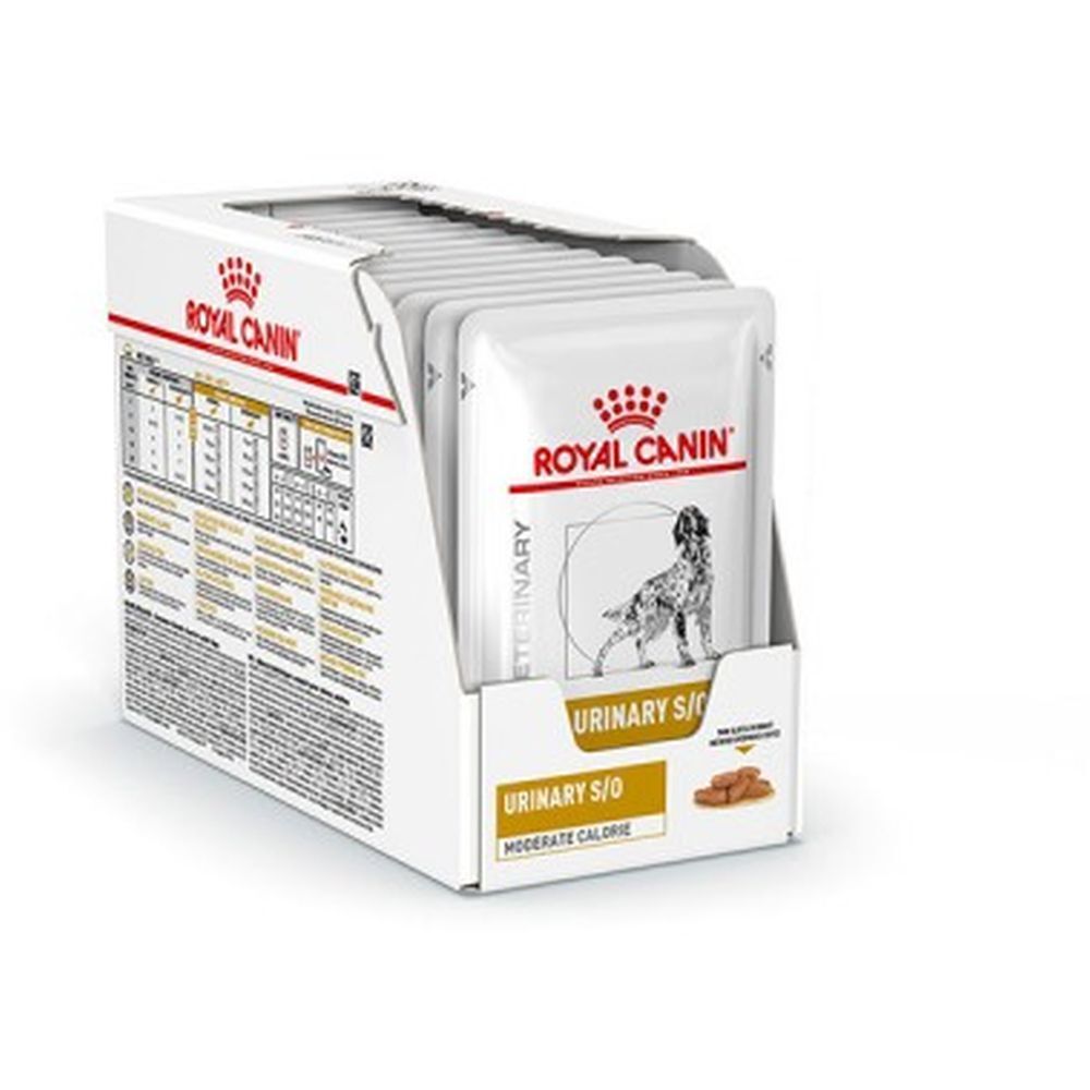 Royal Canin Urinary S/O Moderate Calorie. Packung mit Beuteln. Weißer Karton mit Produktinformationen und Logo.
