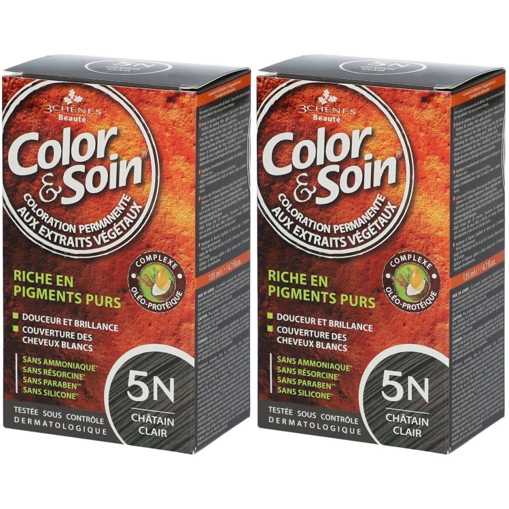 Zwei Schachteln Les 3 Chênes Color & Soin Coloration 5N Hellbraun. Aufschrift: Color & Soin, 5N Châtain Clair, ohne Ammoniak.